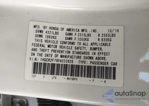 2015 Honda Accord Ex from USA, damaged, VIN 1HGCR2F79FA033926